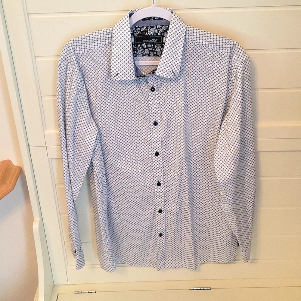 Coastal Blue White and Navy Geometric Dress Shirt